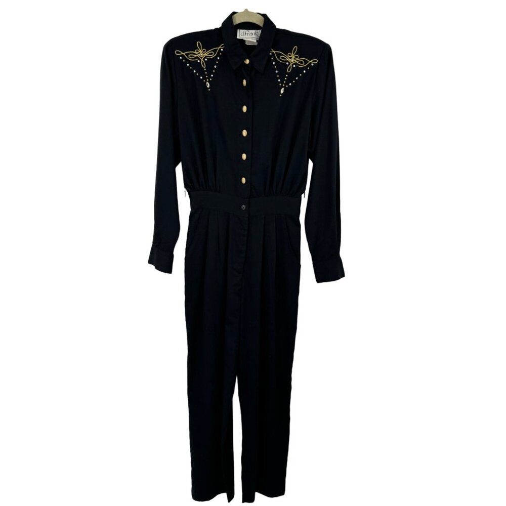 Vintage D.Frank USA Black Embellished Jumpsuit Button Front Size 6 womens